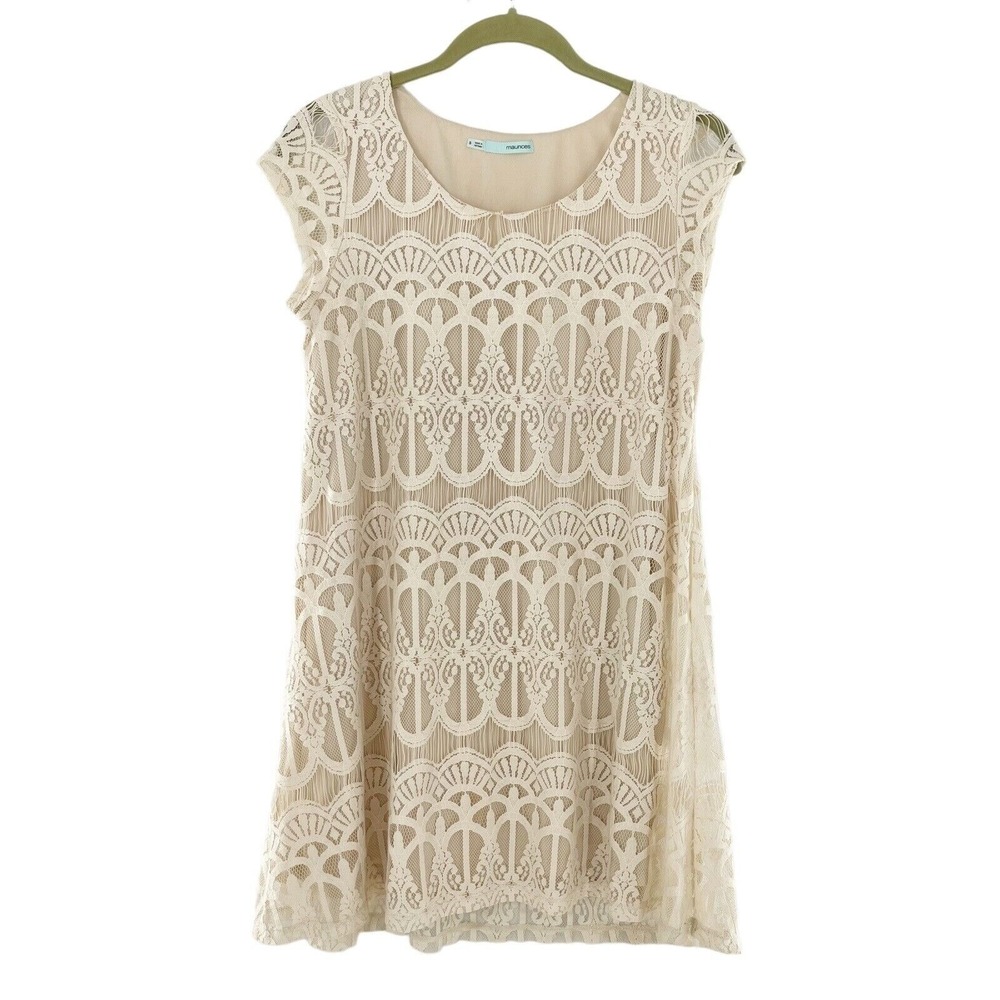 Maurices Beige Lace Overlay Dress With Cap Sleeves & Polyester Lining S Crochet